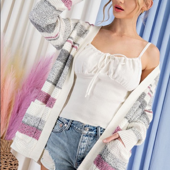 Hot Pink & Grey Striped Open Front Cardigan - Picture 3 of 7